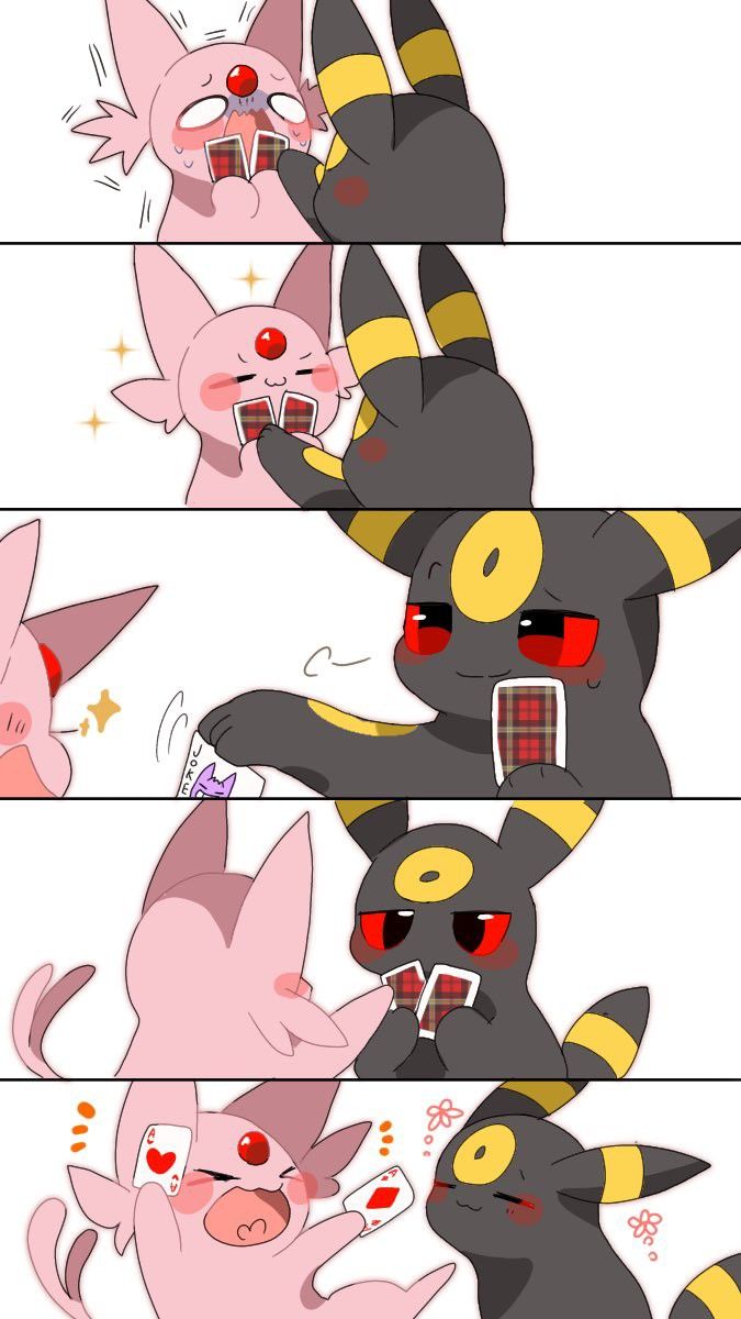 this image shows a fourpanel comic featuring the pokémon espeon and umbreon. they are playing cards with each other. the first panel shows espeon looking nervous while umbreon stares at their card, a heart, with a blush. the second panel shows umbreon blushing and smiling, while espeon looks on with a small smile. the third panel shows espeon holding a joker card in a surprised manner while umbreon looks a little embarrassed. the final panel shows espeon smiling and holding a heart card while umbreon looks very surprised and blushing. they both have a small, faint flower above their head, adding to the cuteness of the image. the image is drawn in a cute anime style.