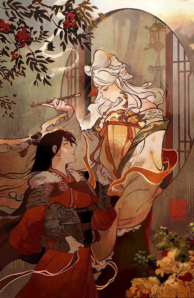 the image is a detailed, stylized illustration featuring two women in what appears to be a fantasy or historical asianinspired setting. one woman, with long white hair and wearing ornate traditional clothing, holds a tobacco pipe. the other woman, with dark hair and a red dress, is looking at her. they are surrounded by nature with flowers, plants and a window with a glimpse of a building in the background. the style is artistic and intricate.