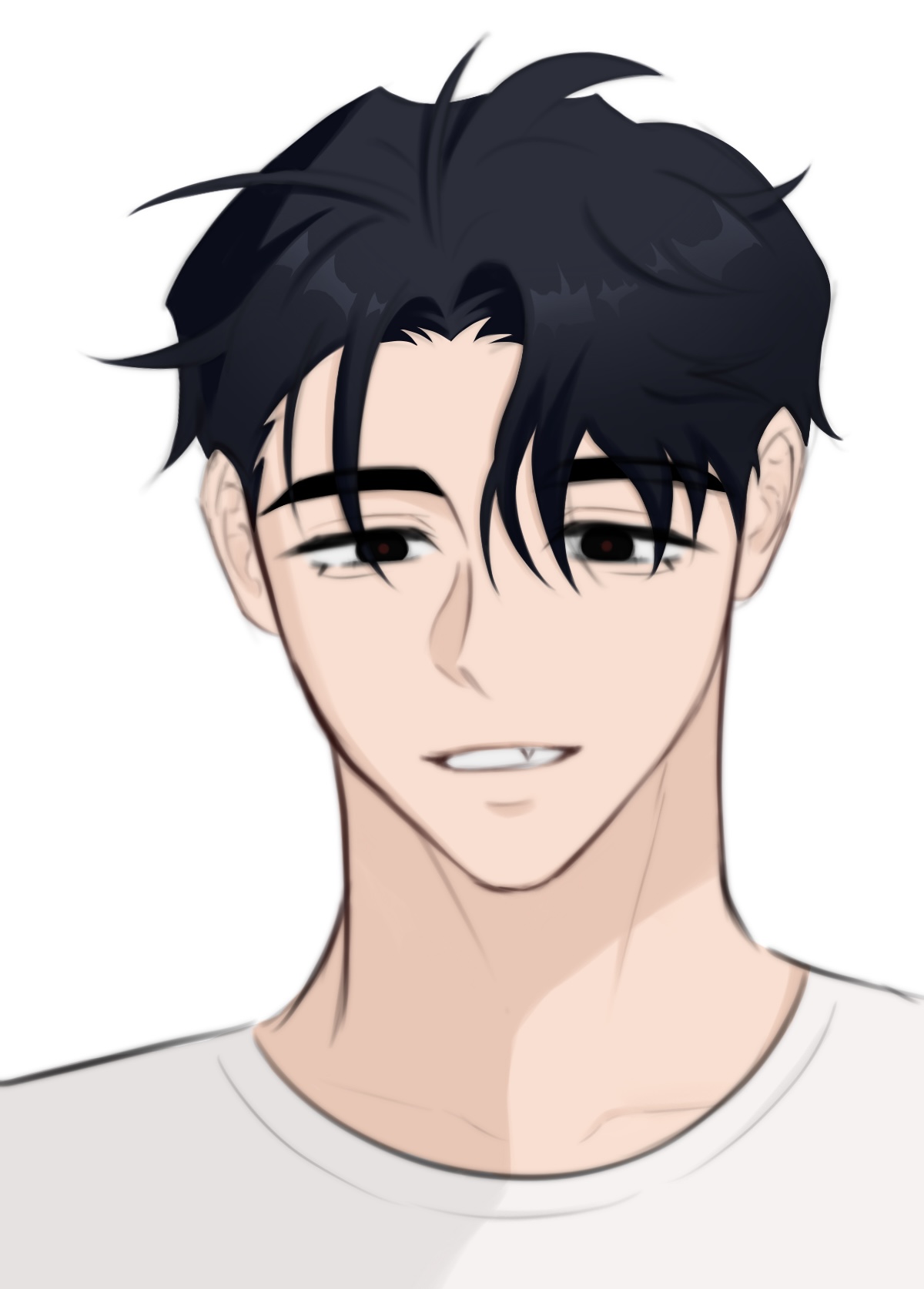 the image is a digital drawing or illustration of a young, handsome anime/manga/manhwa style male character. he has dark, styled short hair, and a pleasant, slightly smiling expression. he is wearing a simple white tshirt and the background is plain white, focusing attention on the character.  the art style is clean and somewhat realistic in its rendering of features, suggesting a style popular in korean webtoons or manhwa.