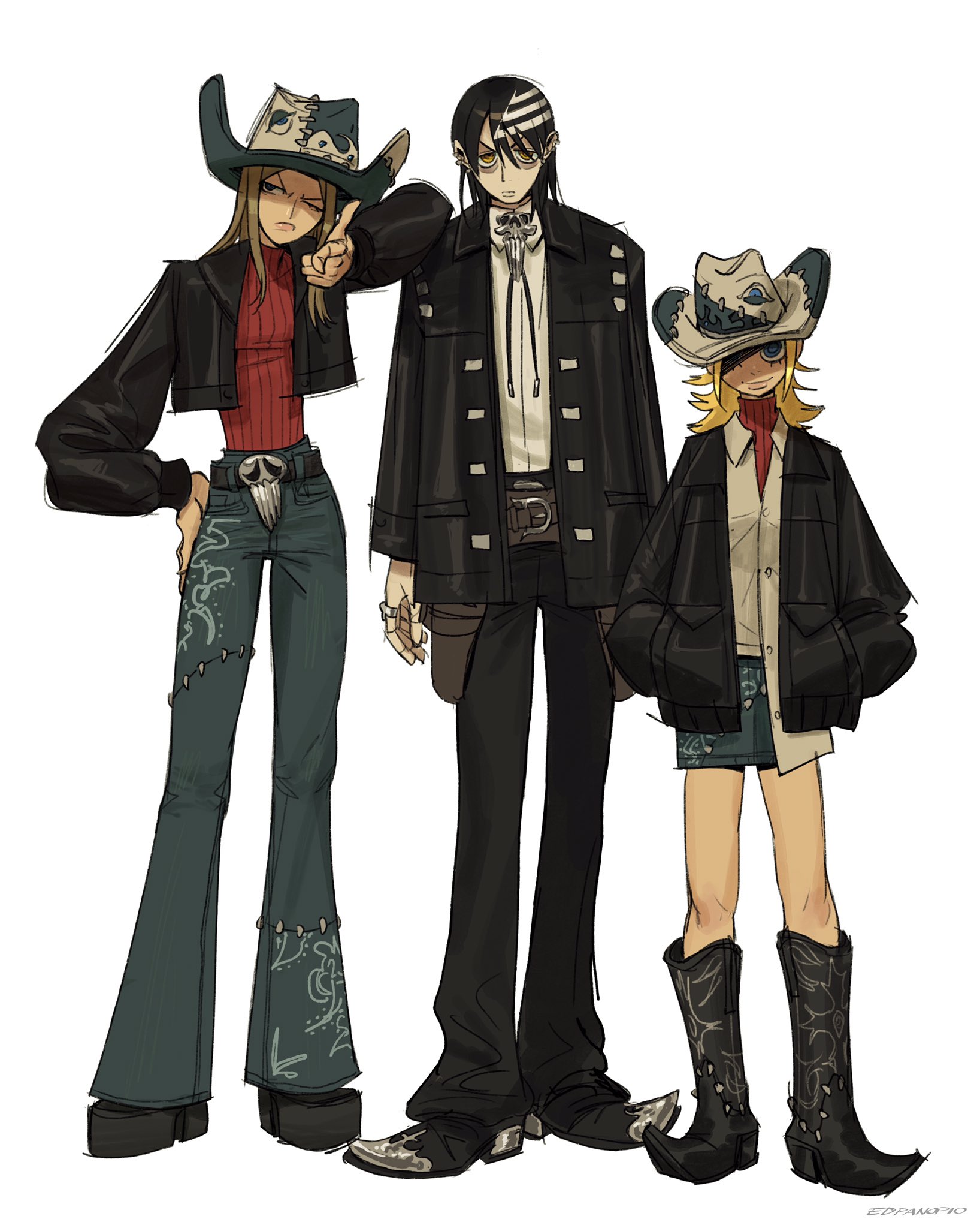 a digital fanart illustration depicting three characters from the anime and manga series soul eater styled in western cowboy attire.  maka albarn is on the left in a dark jacket, red shirt and flared jeans, sporting a widebrimmed cowboy hat.  soul eater evans stands in the center, wearing a dark long coat, light shirt and dark trousers, with his signature scythe hair.  black star is on the right, smaller in stature, in a dark jacket and short denim shorts, wearing a cowboy hat and boots.  all three characters are standing in a posed manner against a white background.  the art style is distinct, reminiscent of the original anime but with a stylized touch.
