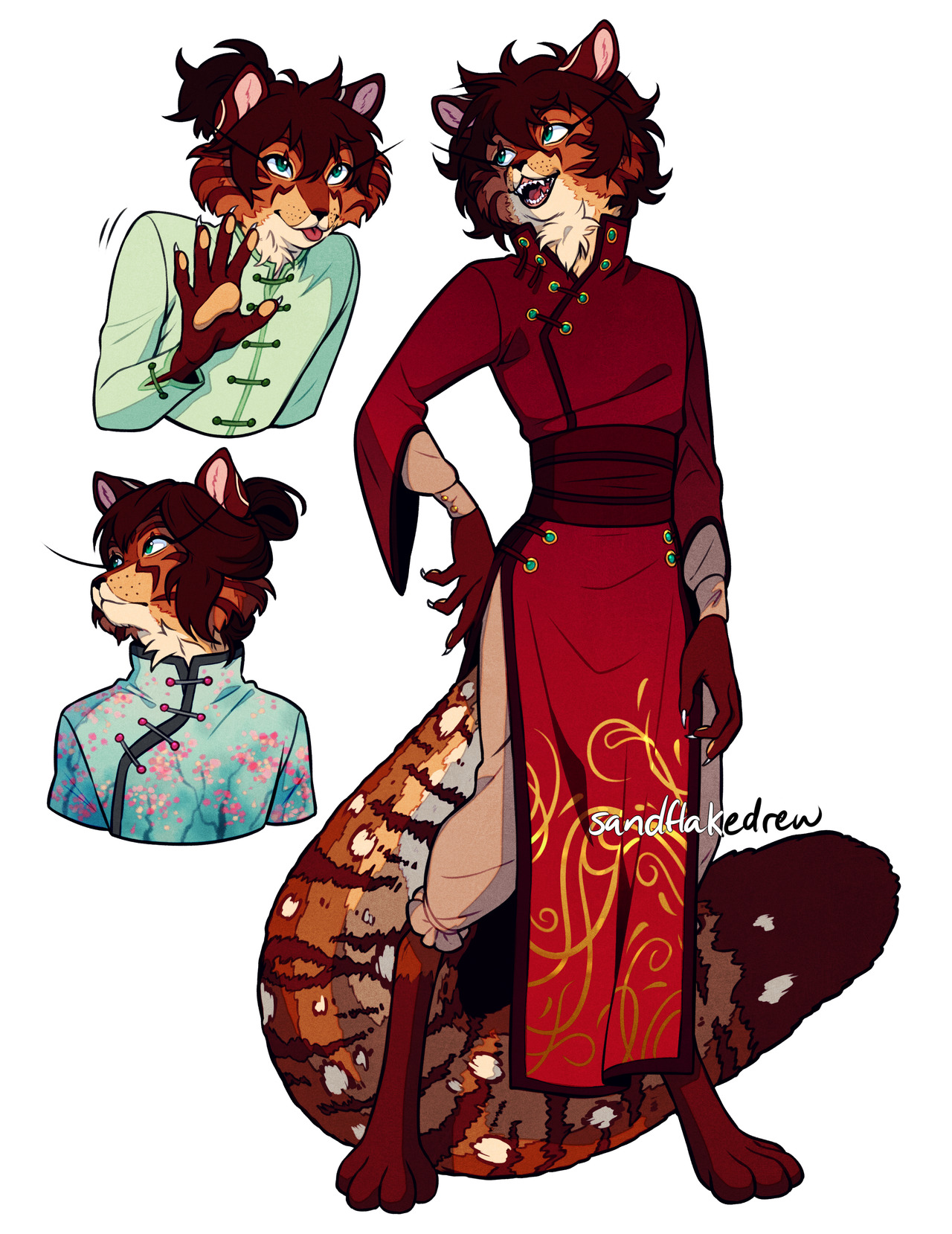 the artwork showcases a character design of an anthropomorphic feline, possibly a tiger or a leopard, dressed in elegant, flowing attire inspired by east asian fashion, specifically hanfu. the character, sporting a confident pose, is presented in full body view alongside two smaller bust shots showcasing different expressions and outfit variations.  the art style leans towards a more cartoonlike approach with soft lighting and vibrant colors, emphasizing the character's personality and visual appeal.