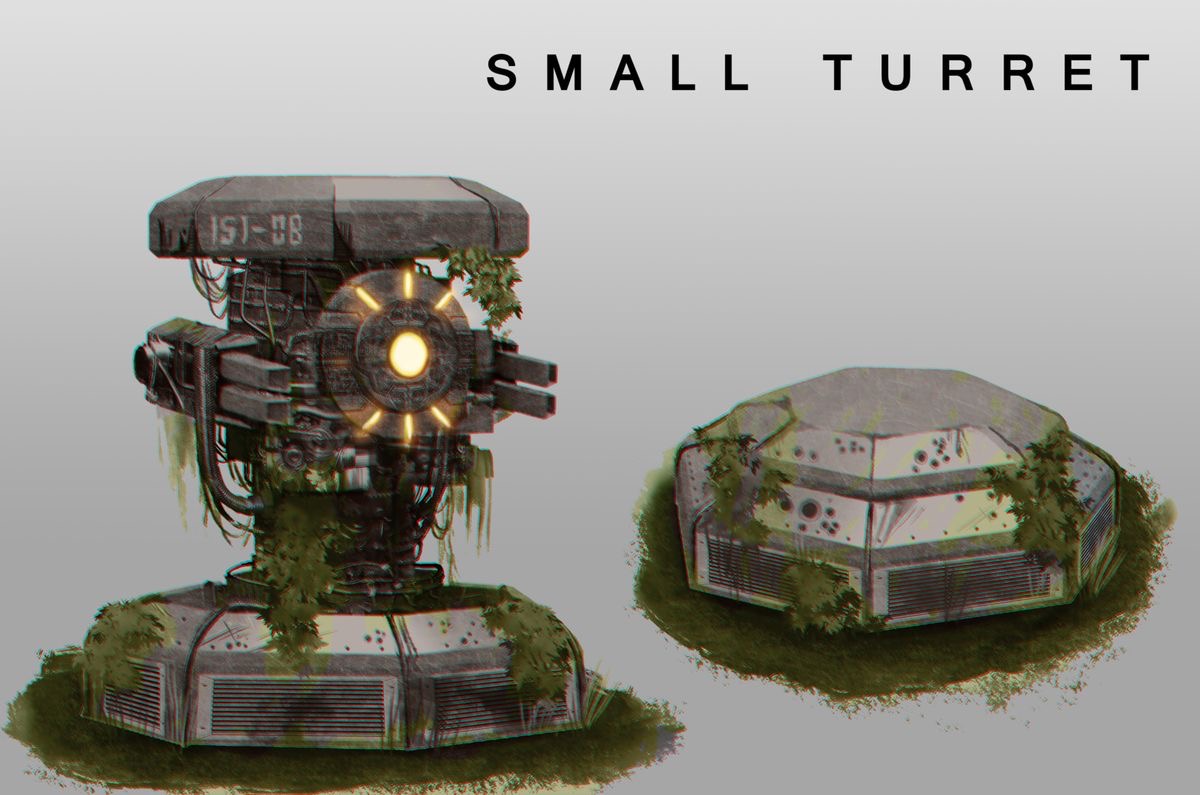 the image shows a concept art for a small turret. it features two views of the turret: one in its active state and one in its dormant state. the turret is overgrown with plants, suggesting that it has been abandoned for some time. the design is reminiscent of postapocalyptic settings, with its weathered appearance and exposed mechanical parts.