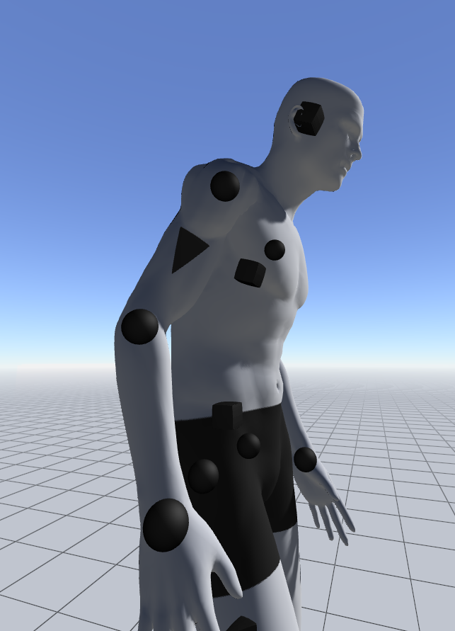 a gray 3d model of a muscular male figure with black markings scattered on his body. the figure stands on a tiled floor with a blue sky as the background. the model wears black shorts. the lighting in the scene is soft and diffused. the perspective of the image is a side view.