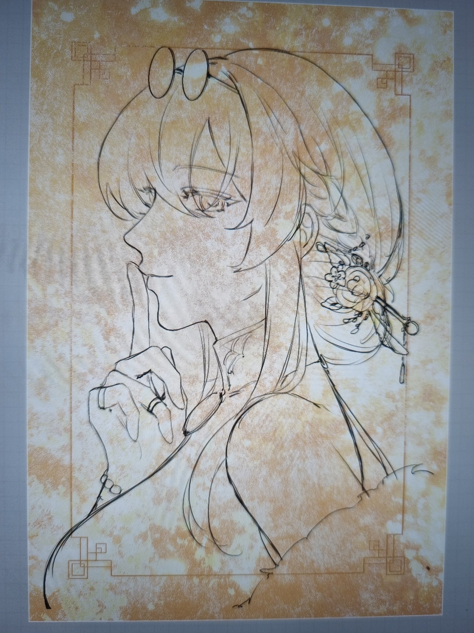 a black and white drawing of a young woman with long hair. she is wearing glasses and has her finger on her lips, as if to silence someone. her hair is pulled back in a loose braid, and she is wearing a flowing dress. the drawing is framed in a simple border.  the drawing is on a textured paper background.