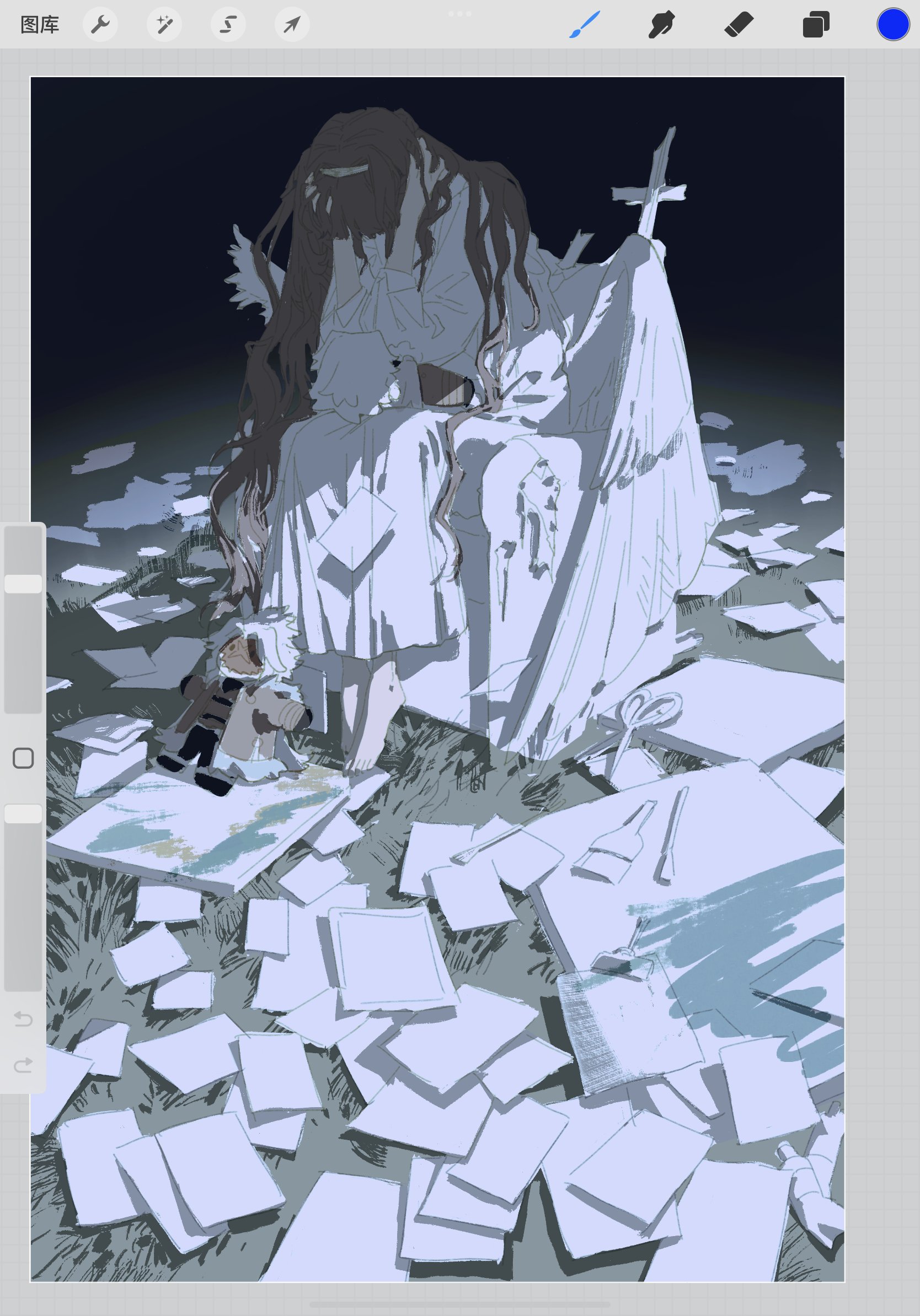 the image is an animestyle illustration of a girl with angel wings sitting on a throne. she is dressed in white and has long, dark hair. there is a cross on the throne behind her. she is surrounded by papers, art supplies, and a few items like a brush and a pair of scissors. it appears as if she is sketching on one of the papers but has abandoned the piece.  the ground is a mix of green and gray, and it is difficult to tell if it is grass or some other type of ground. the overall tone of the image is dark and melancholic.  the shadows and coloring suggest a sense of loneliness and sadness.