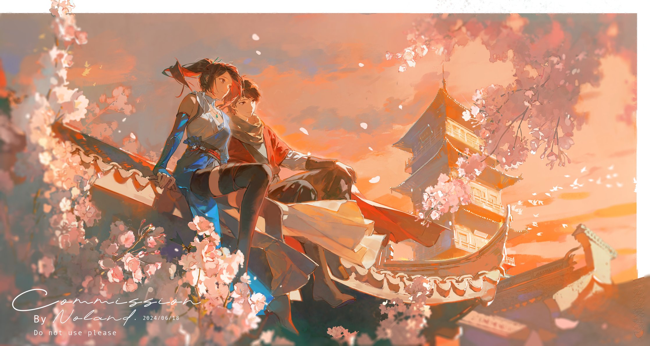 the image shows a young couple sitting on a rooftop adorned with cherry blossoms. they are silhouetted against a warm sunset sky, with a traditional chinese temple in the background. the scene evokes a sense of tranquility and romance.  the woman wears blue and white while the man wears red and white. the use of warm lighting and soft colors enhances the overall peaceful atmosphere.