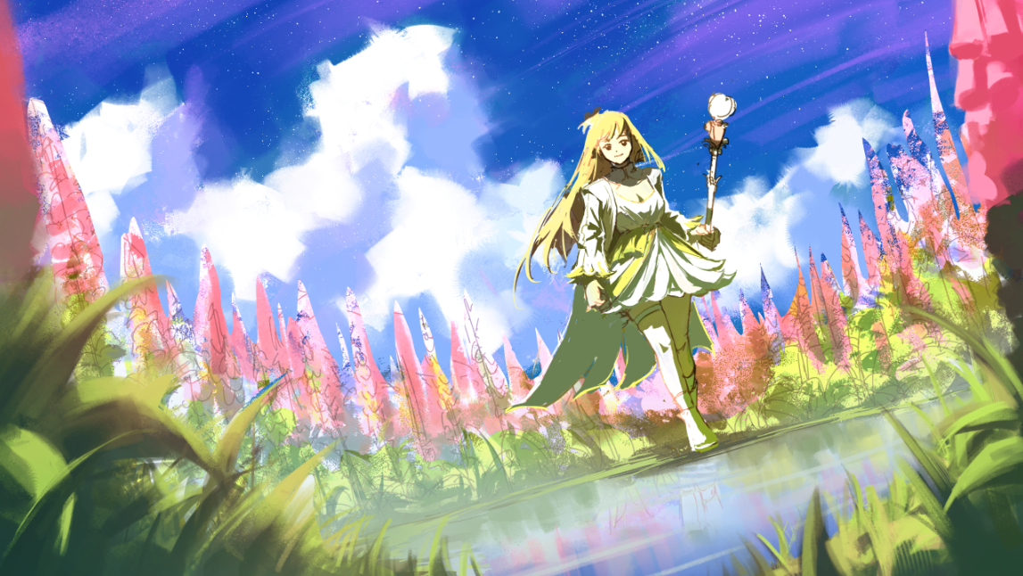 he image is a vibrant digital painting or illustration featuring an animestyle blondehaired girl in a white dress. she carries a staff and walks through a colorful, whimsical landscape filled with tall, pink flowerlike structures. the style is loose and painterly, with a focus on bright colors and expressive brushstrokes. the sky is a clear blue with fluffy white clouds.  the overall mood is dreamy and adventurous, suggesting a fantasy setting. a reflective surface, possibly water, is visible in the foreground, mirroring the scene.