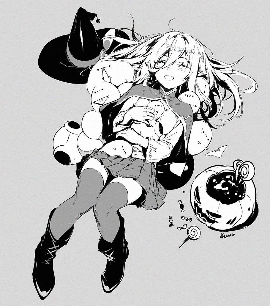 a black and white drawing of an anime girl in a witch costume with a witch hat, surrounded by blobs. she is holding two of the blobs in her arms. there is a pumpkin, candy, and a lollipop near her.