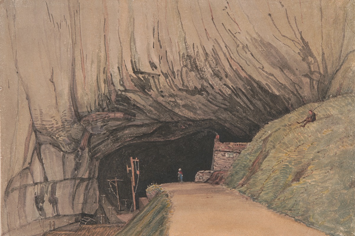a watercolor painting depicts a landscape featuring a cave entrance next to a rural road. a large cliff dominates the left side of the composition, with its rocky texture depicted using layers of brown and gray. to the right of the cave entrance, a small building nestles against the hillside. an electricity pole stands near the cave's entrance. a figure is visible standing near the cave entrance. on the grassy hillside to the right, a person is lying down in a relaxed posture. the road curves along the base of the hill, adding depth to the scene. the overall mood of the painting is tranquil, capturing a serene moment in a rural setting.