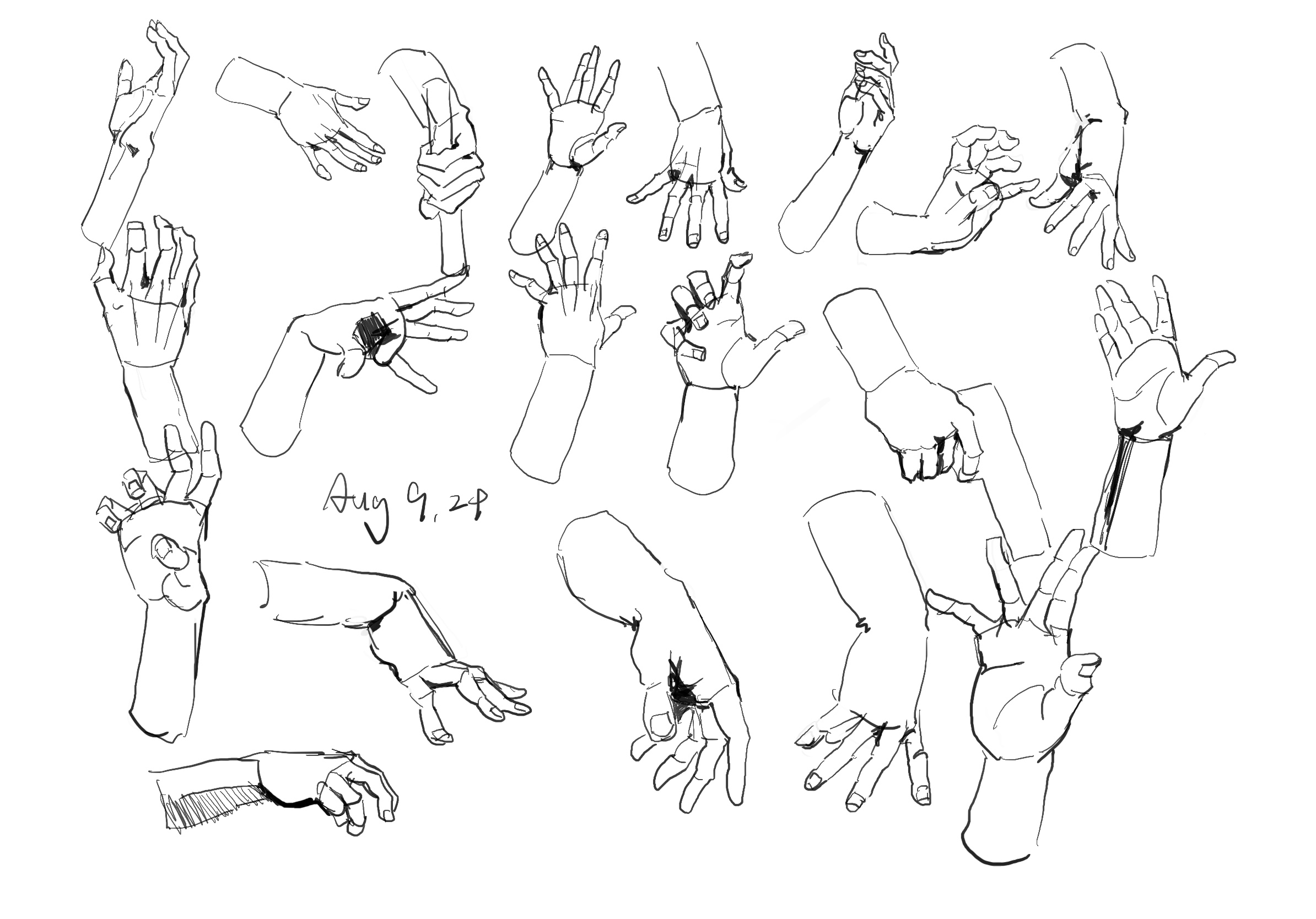 this is a drawing featuring sketches of various hand poses. they appear to be drawn with black ink on white paper. the date august 9th, 24 is written on the image, likely indicating when it was drawn.