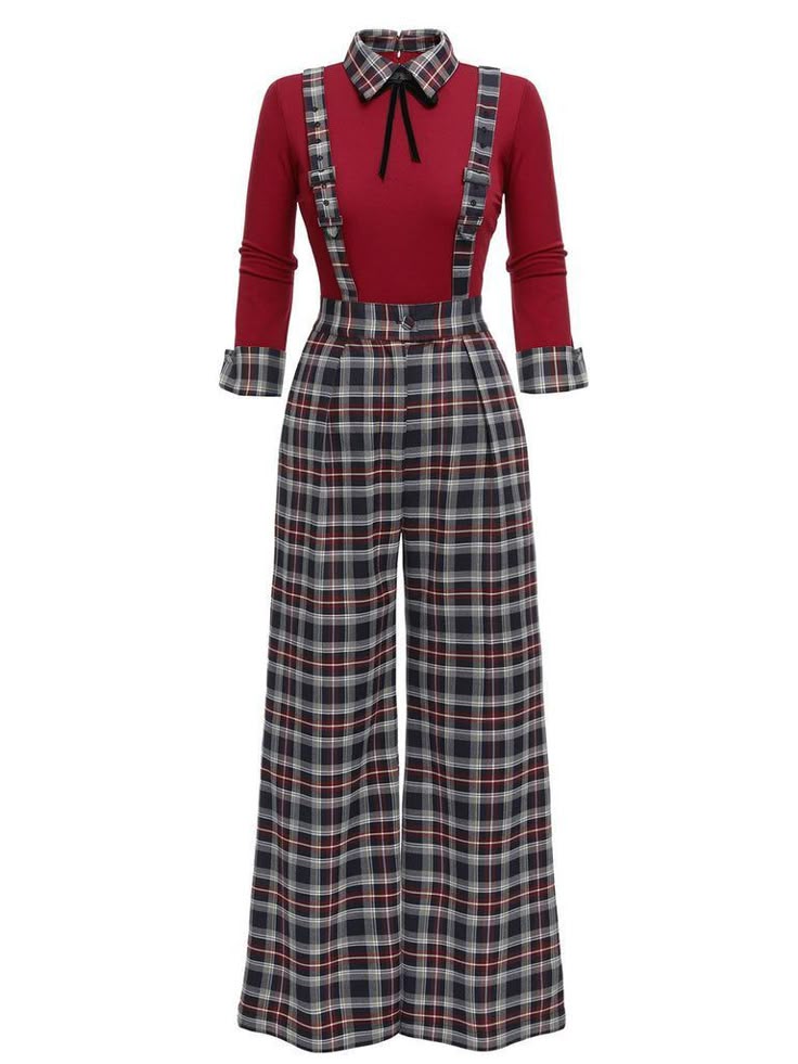 a maroon longsleeved shirt with a collar and tie is paired with highwaisted plaid pants with suspenders. the pants are widelegged and the suspenders attach to the front of the pants.