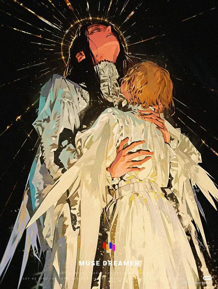 the image is a digital painting or illustration in a fantasy/angelic style. it depicts two figures, a woman with long black hair and a younger, shorter person with blonde hair, embracing.  the woman is larger and has a halolike glow behind her head.  both are dressed in flowing, white garments. the woman appears to have wings, and the overall color palette is warm with golds and whites against a dark background studded with light streaks. the style is reminiscent of anime but with a more painterly approach. the text "muse dreamer" is visible at the bottom center of the piece.  the mood is intensely emotional and spiritual, conveying a feeling of protectiveness and reverence.