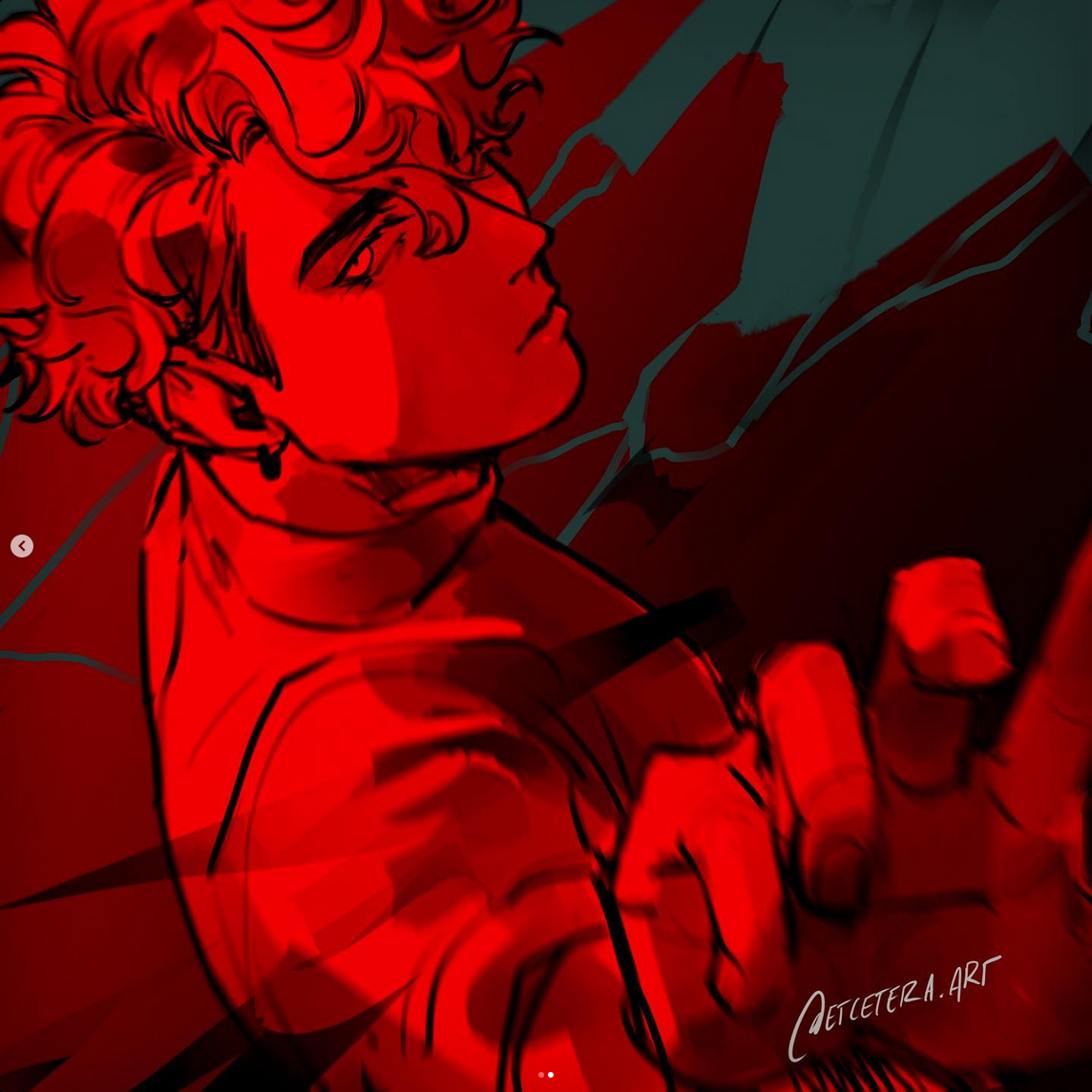 the image showcases a dynamic, closeup portrait of a young man with stylized anime features, set against an abstract, dark background. he is drawn with a sense of motion, his hand reaching towards the viewer. the dramatic, highcontrast lighting bathed predominantly in red hues emphasizes his intense expression. his fiery red hair adds to the overall sense of energy and passion in the artwork. the artist's signature "etcetera.art" is visible in the bottom right corner.