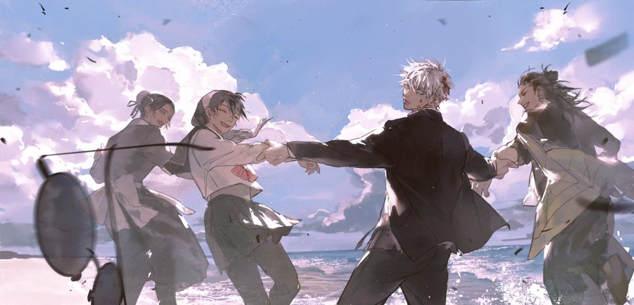the image shows four anime characters holding hands and dancing on a beach. the scene is bright and cheerful, with the sun shining and the ocean waves crashing behind them. the characters are all smiling and seem to be enjoying themselves.