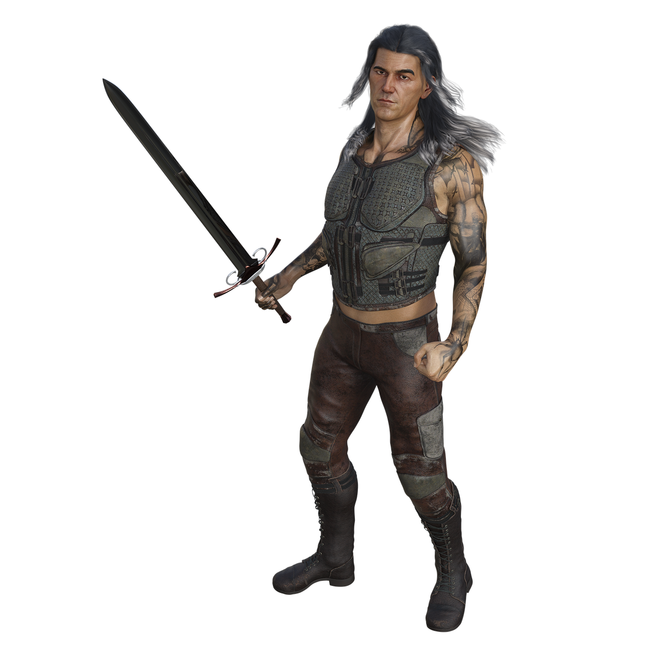 a digital art rendering of a man dressed as a warrior, wielding a sword. he has long hair, tattoos on his arms, and is wearing armor, leather pants, and boots.