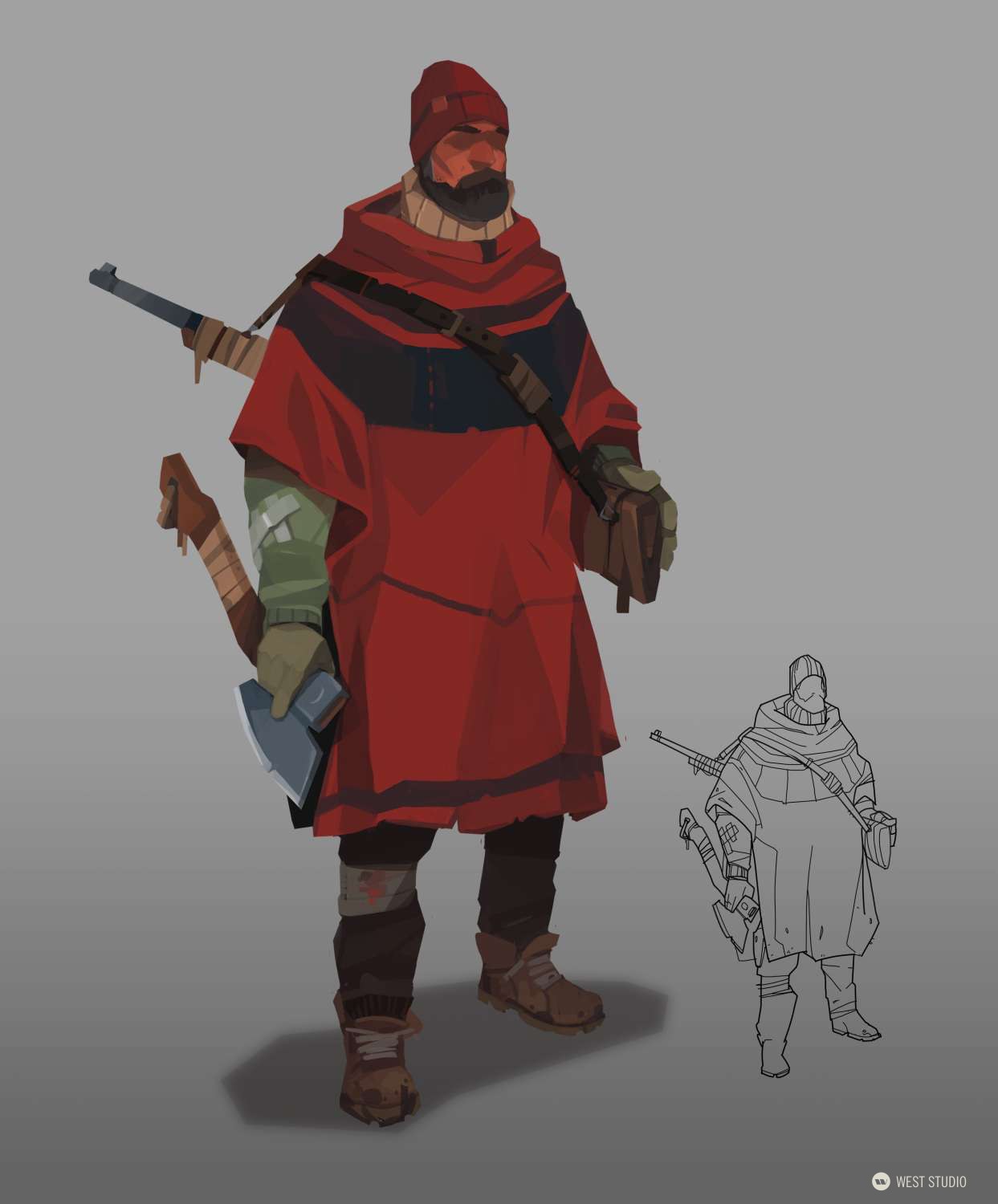 the image showcases a digital illustration of a rugged male character, likely a hunter or survivalist, set against a neutral grey background. he is clad in a red poncho, a beanie, and sturdy boots, with visible bandages hinting at a life of hardship. he carries a rifle slung across his back, an axe tucked under his arm, and a bag strapped to his side. his attire and the tools suggest a postapocalyptic or wilderness setting. the illustration features both a fully rendered color version and a simple lineart version of the character, providing different perspectives on the design. the soft lighting and neutral background emphasize the character and his attire.