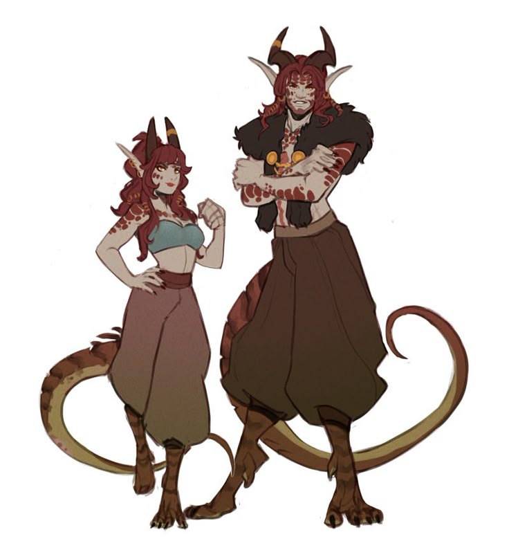 two fantasy characters stand sidebyside. on the left is a female with red curly hair, small horns, pointed ears, spots on her face and arms, wearing a blue top and reddishbrown pants, and has a reptilian tail. on the right is a taller male with red hair, horns, pointed ears, spots, and is barechested with a fur collar and a gold necklace, wearing loose brown pants, with a similar reptilian tail, and his arms are crossed.