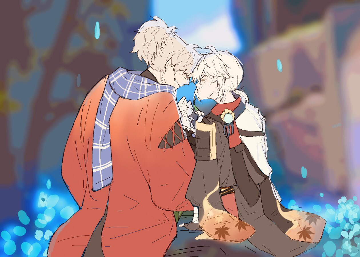 this is a digital illustration of two anime boys with white hair. the boy on the left is wearing red and blue clothing, and the boy on the right is wearing brown and orange clothing. the boys are standing close together and look happy and comfortable. the illustration is set in a blurry background with a blue tint.