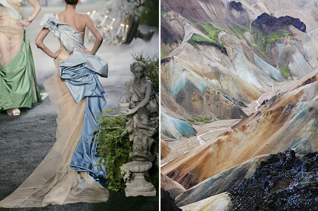 the image is a split image. the left side shows a fashion model in a stylish blue and white dress with a long train. she's walking on a runway, and there are trees and shrubs behind her. the right side of the image shows a stunning mountain landscape, with colorful rocks and a long, winding path leading into the distance.
