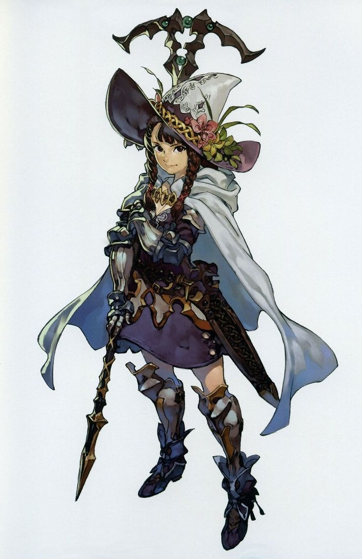 the image is a detailed character design of a young female fantasy character. she appears to be a witch or sorceress, wearing a large, ornate hat adorned with flowers, a flowing cape, and armor. she carries a staff with a distinctive point and has a serious yet slightly playful expression. the style of the art is anime or mangainfluenced fantasy art, with rich colors and detailed rendering of clothing and accessories. the background is plain white, putting all focus on the character.