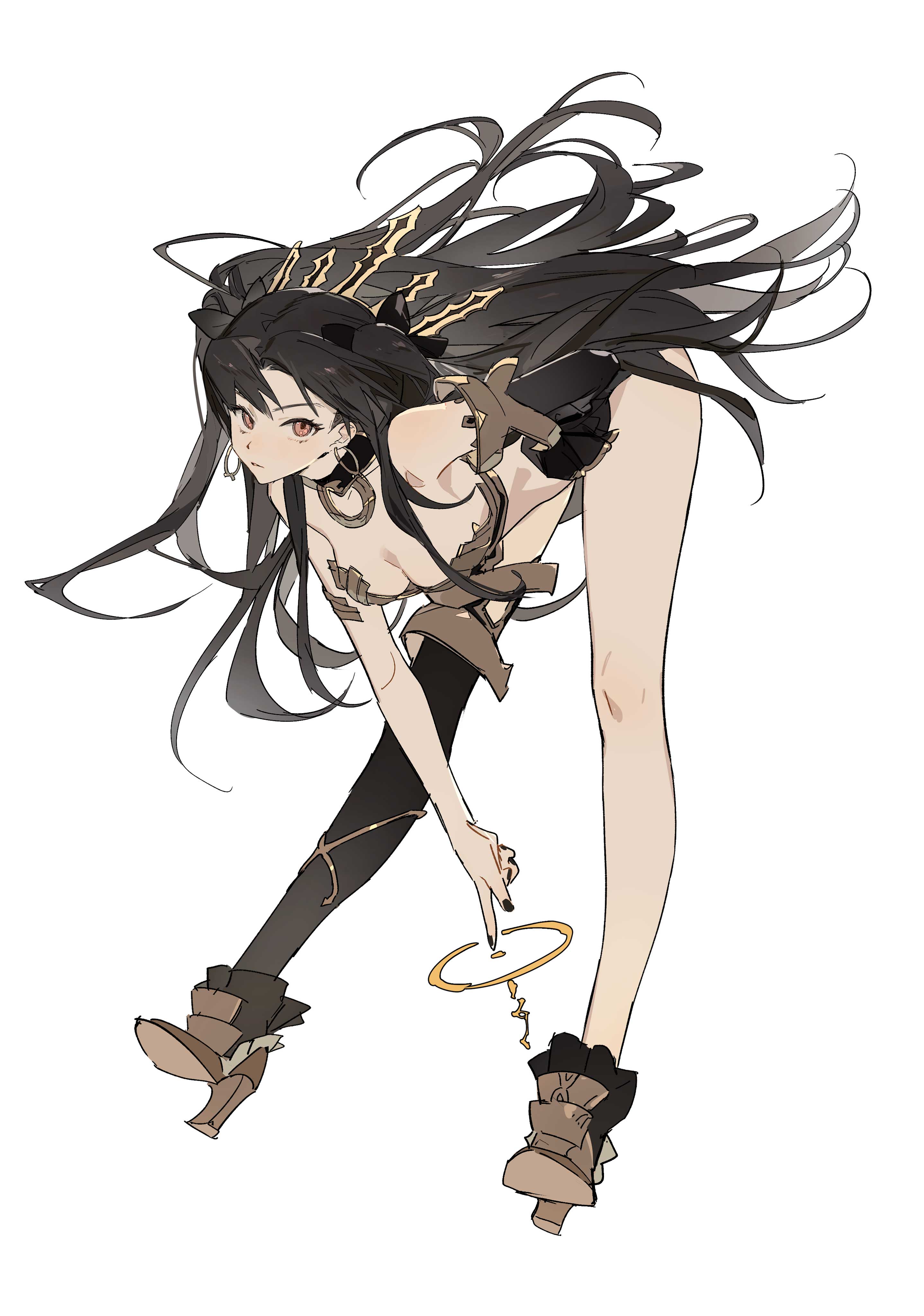 the image is a stylized animestyle illustration of a young woman. she has long, dark hair that flows dramatically around her. her attire is a mix of darkcolored clothing and golden details, suggesting a fantasy or magical theme. she's depicted in a dynamic pose, bending down as if she is casting a spell or manipulating something unseen. the art style is elegant and graceful, with flowing lines and attention to detail in both the character's features and clothing. the overall atmosphere is one of fantasy and perhaps magic or sorcery.