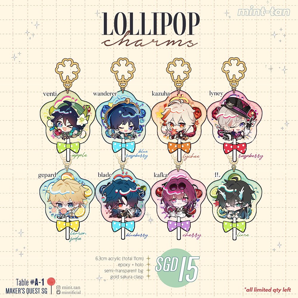 this image shows a set of 10 acrylic keychain charms of various genshin impact characters in a lollipop design. the charms are set against a white background with a pink and yellow checkered border. the text on the charms reads "lollipop charms" and the names of the characters, with the price "sgd 15"  and the text  "table #a1 maker's quest sg" at the bottom.  the characters included in the set are venti, wanderer, kazuha, lyney, gepard, itto, blade, kafkah, scaramouche, and xiao.