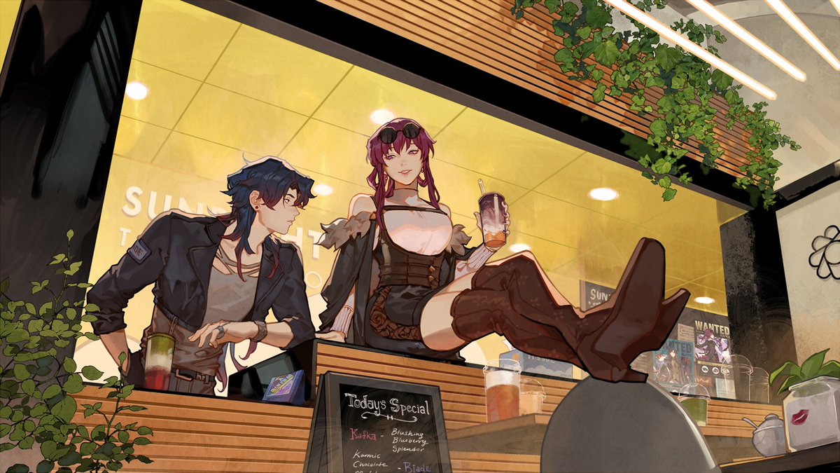 an animestyle drawing shows a man and a woman at a cafe. the man, on the left, wears a black jacket over a gray shirt and has dark hair with blue highlights. he is leaning on the counter, next to a green and red drink. the woman, in the middle, sits on the counter with brown boots on the counter top, and a short dark dress with a white top. she holds a cup. behind them is a chalkboard listing menu items. the background includes plants, lighting, and posters.