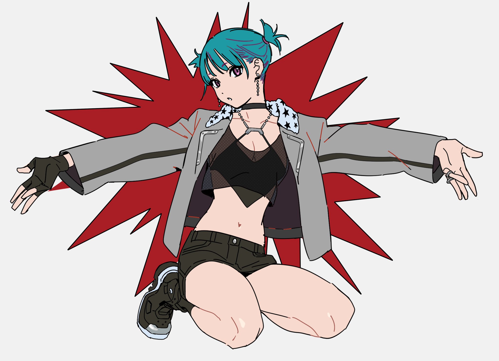 the image is a digital illustration of a stylized anime girl. she has teal hair, is wearing a punkinspired outfit including a grey jacket, black crop top and shorts, and is striking a dynamic pose with her arms spread wide. the background features a red burst effect, adding to the energetic and powerful feel of the artwork. the style is bold and graphic, with sharp lines and vibrant colors. the overall impression is of a cool, confident, and rebellious young woman.