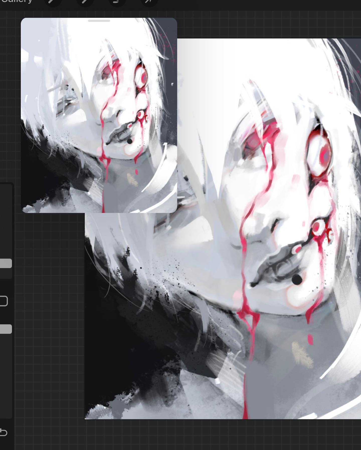 this is a digital drawing of a person with white hair and pale skin. there are three large gashes on the right side of their face, with one going through the eye. blood drips from each gash. the drawing style is reminiscent of anime and manga.