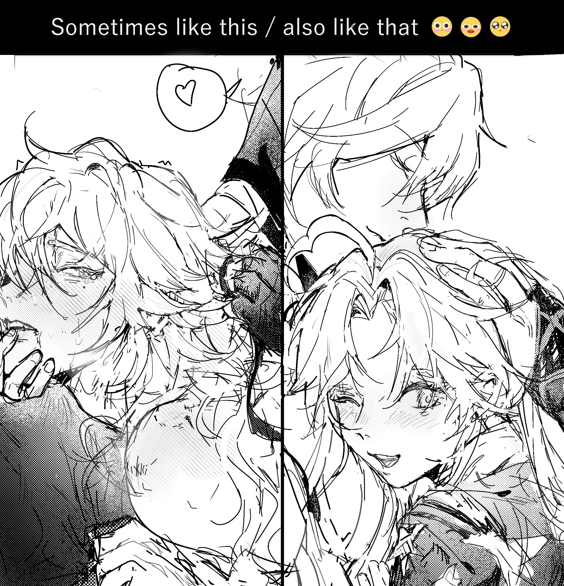 the image is a black and white sketch of two anime characters, a