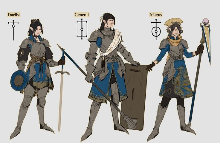 he image showcases concept art of three female fantasy characters, each representing a different class: duelist, general, and magus.  each character is depicted in detailed armor with a distinct color scheme of blue and gold accents on grey. the duelist holds a sword and shield, the general wields a spear and a large shield, and the magus carries a staff topped with an orb.  their pointed ears suggest an elven heritage. the art style is reminiscent of a video game or rpg concept design, featuring clean lines and a muted color palette.  the classspecific symbols are presented above each character.