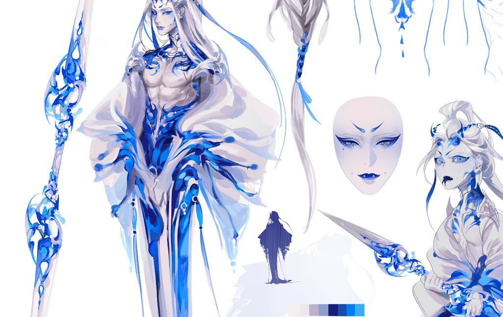 the image showcases a character concept design for a male fantasy figure. he is adorned in an ethereal, flowing attire primarily composed of white and blue hues, reminiscent of water or ice. the design exhibits intricate details, particularly in the armor and weaponry. the character is depicted from various angles  front, side, and closeups  providing a comprehensive view of his appearance. a palette of soft blues and grays underscores the overall ethereal and elegant aesthetic.