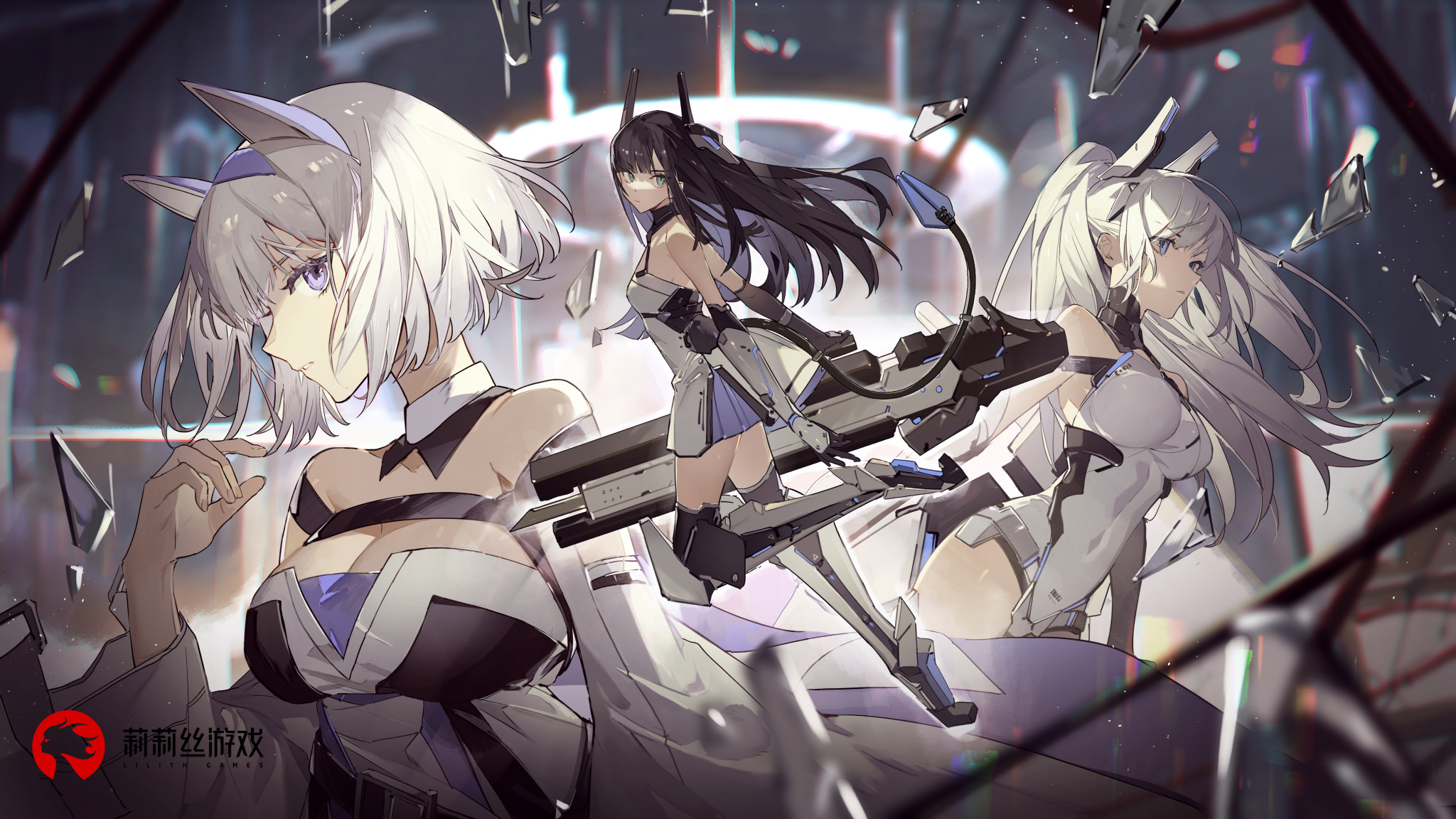 the image features three animestyle women in a futuristic, science fiction setting. they appear to be robotic or enhanced with cybernetic parts, indicated by their mechanical limbs and weaponry. two of the women have white hair, while the third has black hair. the characters are stylized with catlike ears. the background includes broken glass and a blurred cityscape, possibly indicating a battle or a dystopian environment. the lilith games logo is visible in the lower left corner, suggesting it is promotional art for a game.