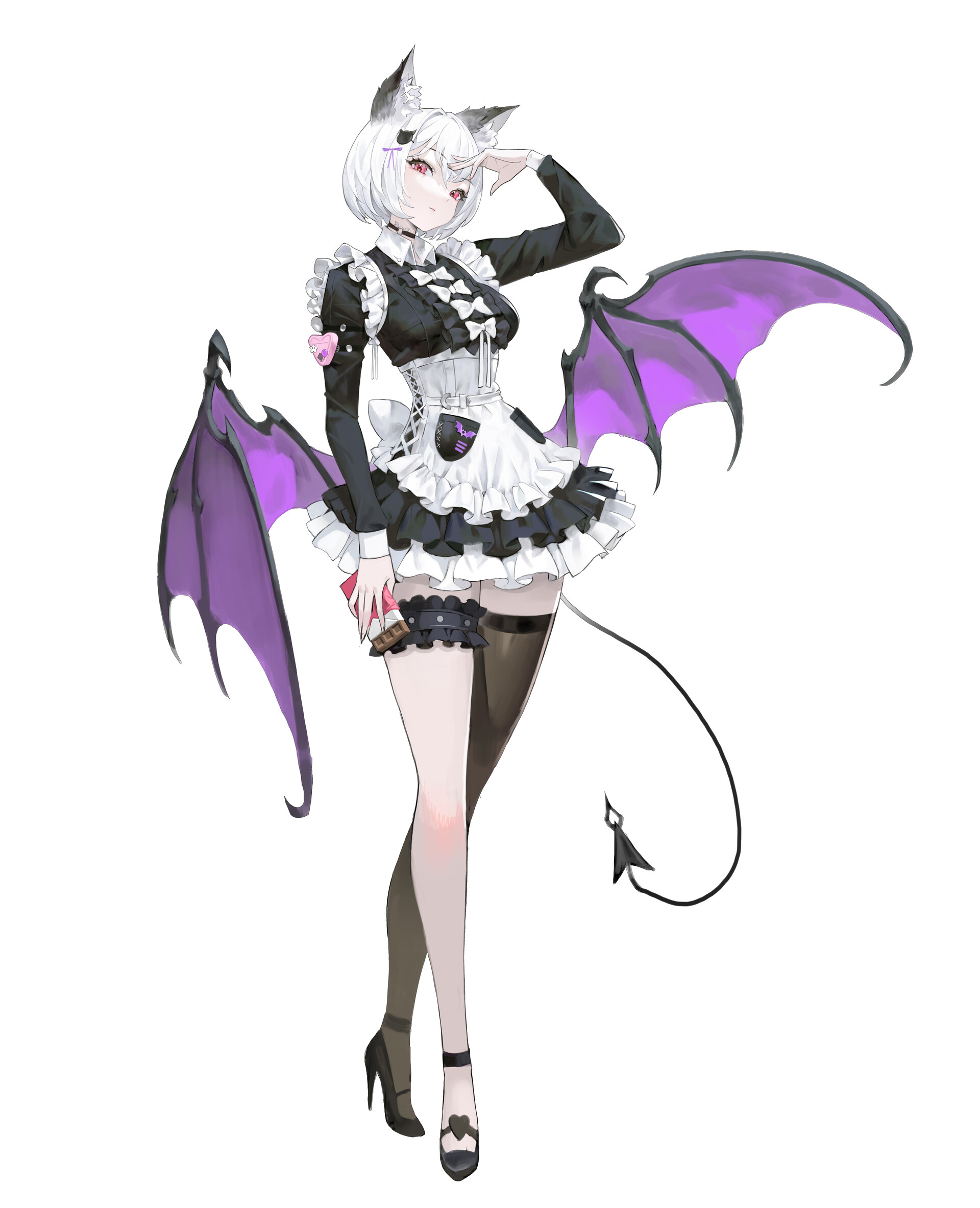 an anime girl with white hair and red eyes is wearing a black and white maid outfit with purple demon wings. she has cat ears and a black tail with a pointed tip. she is wearing black stockings and heels. she is holding a book and has a pink bow on her dress. she has a garter belt on her leg.