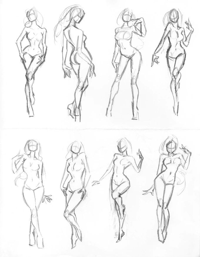 the image consists of eight pencil sketches of the female figure, each drawn with loose, gestural lines. each figure strikes a different pose, showcasing various attitudes and body positions. the sketches focus on capturing the overall form and flow of the body, rather than minute details.
