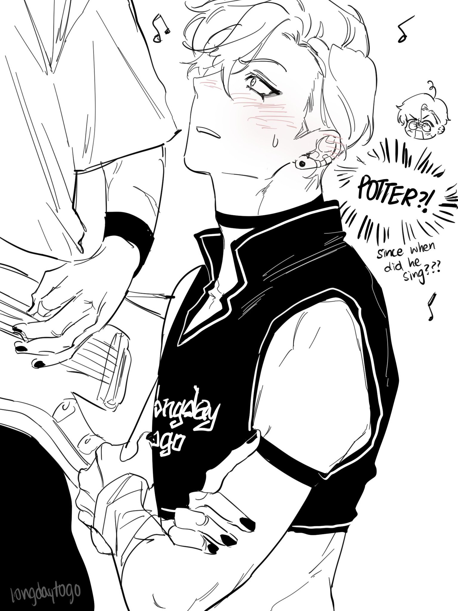 the image is a black and white line drawing, likely fanart in the style of anime or manga, depicting a closeup scene of two young men. one man (on the left, partially shown) appears to be playing a guitar.  the other man (in the center and focus of the image), has pale skin and dark hair,  is shown with a blushing face, looking up towards the guitarist. he wears a sleeveless top with "longday ago" written on it. the background includes small sketches and speech bubbles including the words "potter?!" and  "since when did he sing??".  the overall style is suggestive of a romantic or intimate relationship between the two characters. the artist's signature, "longdaytogo," is visible in the bottom left corner.