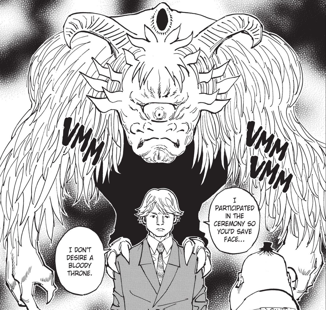 black and white drawing of a man in a suit and tie standing in front of a large monster. the monster has wings, horns, and a single eye in the middle of its forehead.  the man is speaking, and his words are written in speech bubbles.