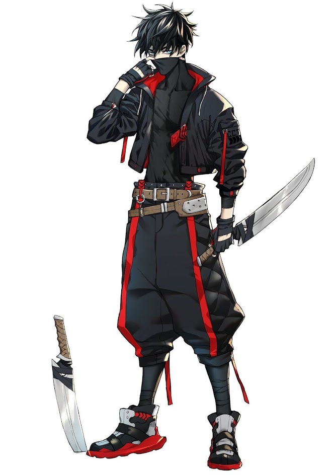 an anime male character is depicted in a ninjainspired outfit. he is standing with his left leg slightly forward and holding a silver sword in his right hand. his black hair is swept to the side, and he is wearing a black mask that covers most of his face. the outfit consists of a black jacket with red accents, black pants with red stripes, a belt with a silver buckle, and black shoes with red accents. the character is in a cool and confident pose, with his sword held in a ready position.