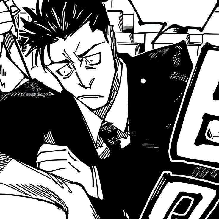 the image is a closeup, blackandwhite panel from a manga or anime. it features a man in a suit and tie, appearing serious and possibly worried or pensive. he has dark hair styled back, and his expression is one of concentration or concern. his hands are visible, one near his face, and he seems to be deeply thinking, perhaps reading or reviewing something indicated by text behind him. the style is dramatic, with strong contrasts and detailed linework characteristic of manga art. the overall tone is serious and intense.