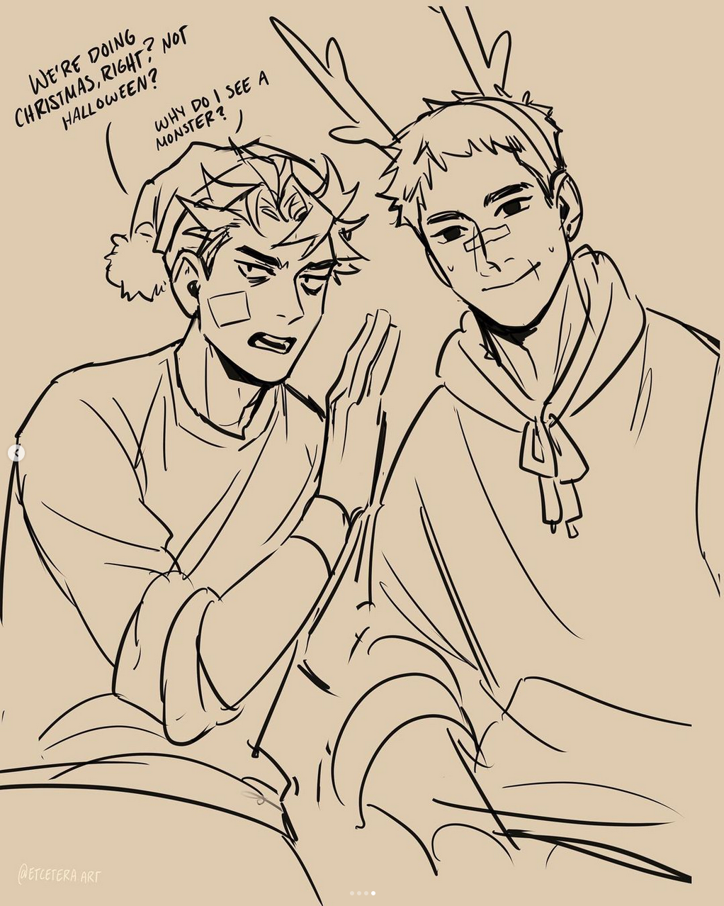 this is a black and white sketch of two boys. one is wearing a santa hat and the other has reindeer antlers on. the one with the santa hat looks confused and the one with antlers is whispering something to him.