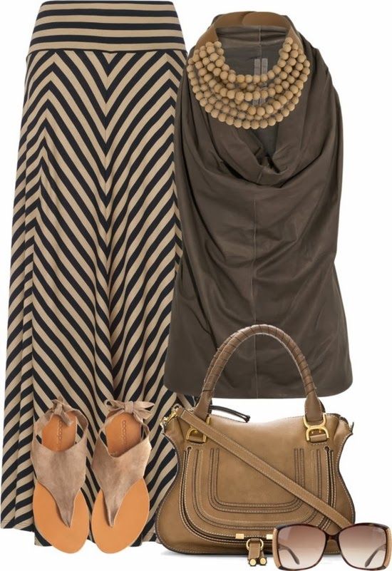 flatlay image showcasing a stylish summer outfit for women. the outfit consists of a beige and black chevron maxi skirt, an olive green draped top, a light brown chloe handbag, beige suede flat sandals, a chunky wooden bead necklace and a pair of brown sunglasses. the items are arranged neatly on a white background.