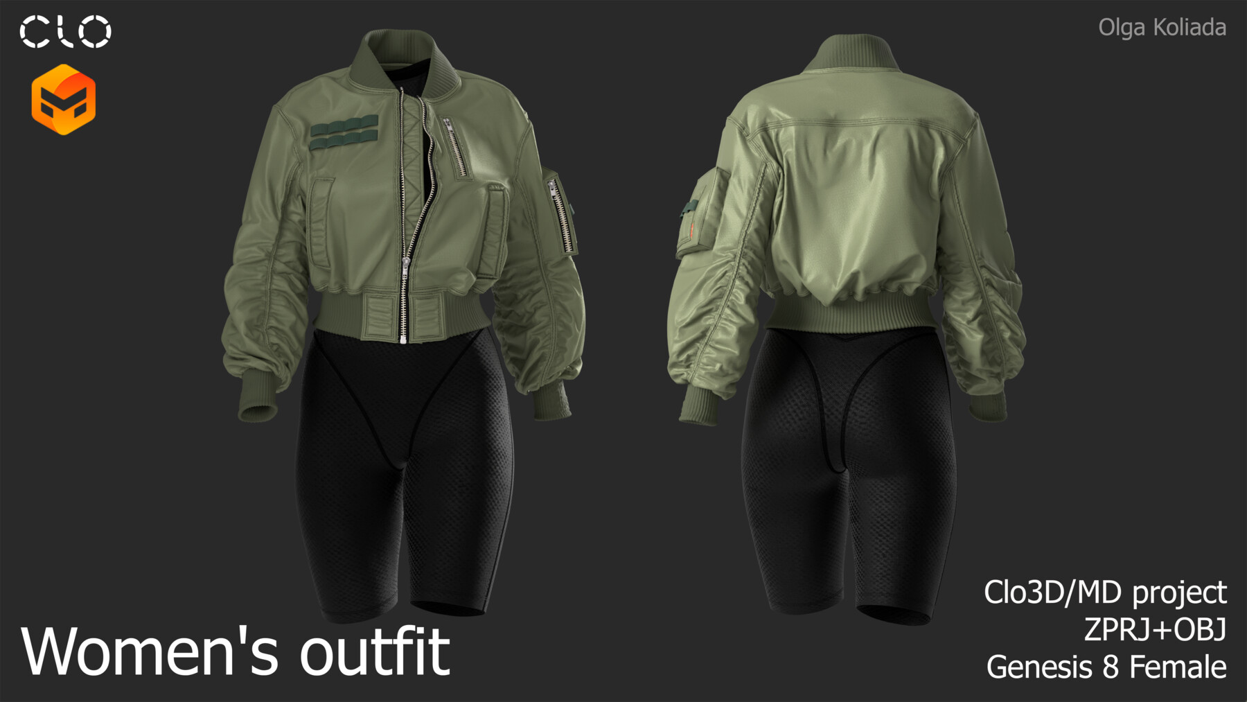 a woman's outfit consisting of a green bomber jacket and black shorts, rendered in clo3d and modeled for genesis 8 female. the jacket has a cropped silhouette with a ribbed hem. the shorts are black and formfitting.