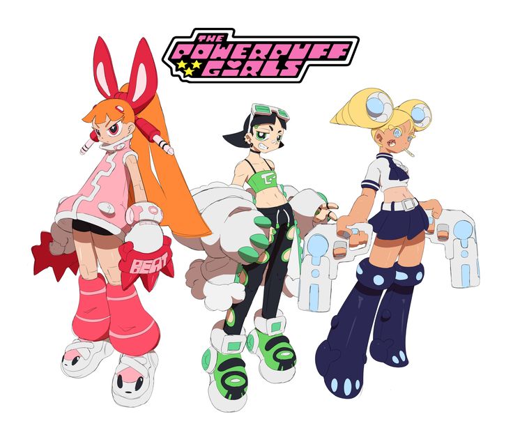 the powerpuff girls, blossom, bubbles, and buttercup are depicted in a stylized anime style. they are each wearing unique outfits and poses. blossom is wearing pink and white and has bunny ears, bubbles is wearing green and black and has a large white cape, and buttercup is wearing blue and white and has a sailor uniform. all three of them are holding weapons and are ready to fight.