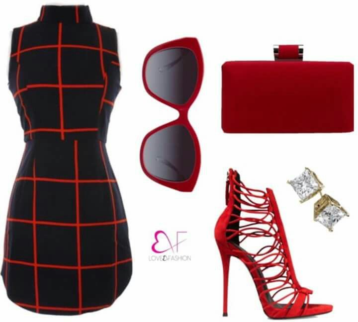 a fashion layout featuring a sleeveless black dress with a red grid pattern, red sunglasses, a red clutch, strappy red high heels, and square diamond earrings with a gold setting.