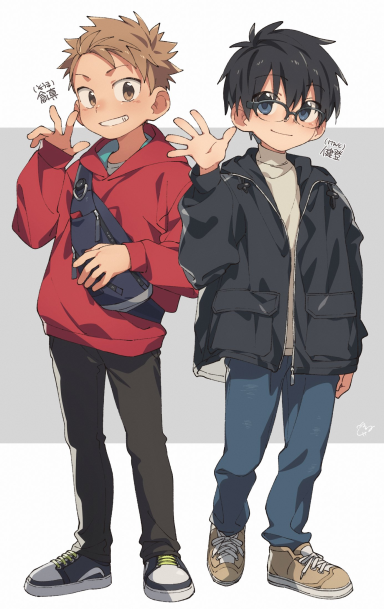 the image showcases a drawing of two young boys, likely anime or manga characters, standing against a plain white backdrop. the boy on the left sports a vibrant red hoodie, dark pants, and a black crossbody bag. he has spiky blond hair and a cheerful expression. the boy on the right wears a stylish black jacket over a turtleneck, paired with blue jeans. he has dark hair and glasses, with a more subdued demeanor. both boys are casually dressed in trendy streetwear, their hands raised in a friendly gesture. the overall style suggests a lighthearted and youthful tone.