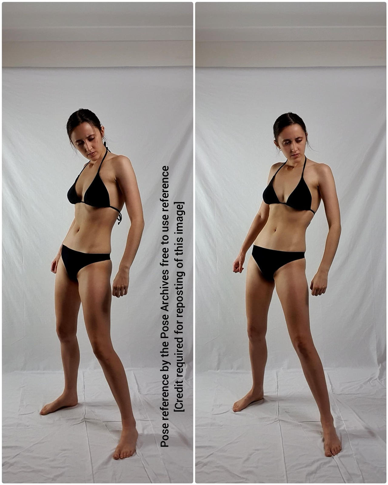 a woman in a black bikini stands against a white backdrop in two slightly different poses.  the image is designed as a reference for artists, with the text indicating it's free to use with credit.