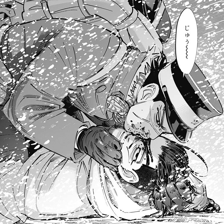 a soldier in a military uniform is on top of another soldier who is lying on the ground. the soldier on top is holding the soldier on the bottom by the face and appears to be crying. the soldier on the bottom is covered in blood. the background is filled with snow and there are several words in japanese written on the image.