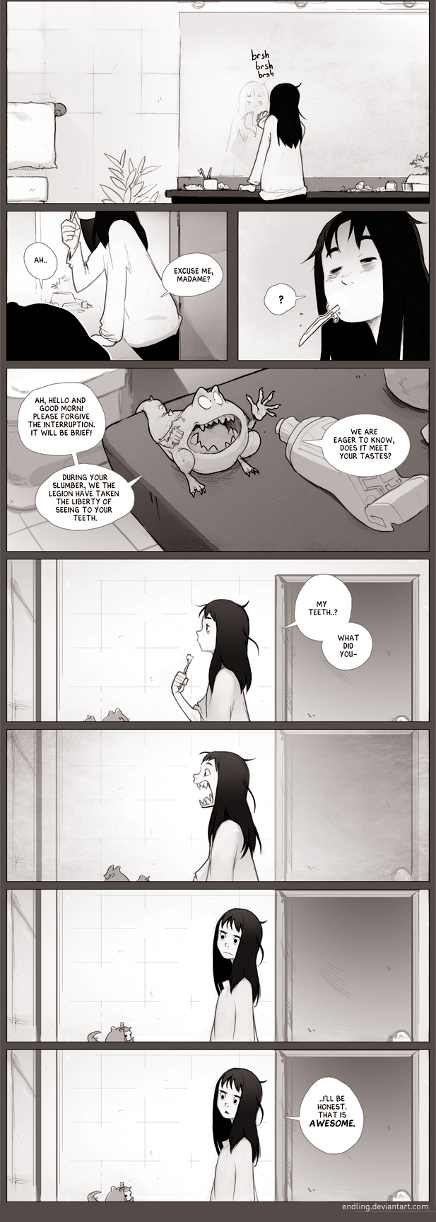 a black and white comic strip depicting a woman brushing her teeth in a bathroom. a small, friendlylooking monster is present in some of the panels, seemingly observing the woman. the comic has a lighthearted and humorous tone.