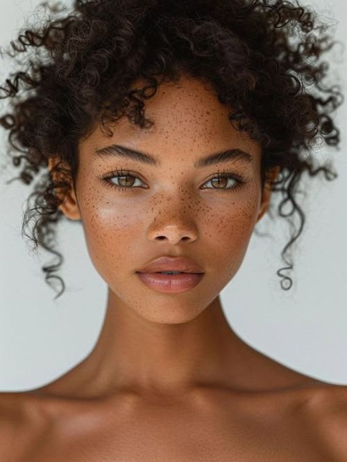 a closeup portrait of a beautiful young woman with brown skin and freckles. she has curly dark brown hair pulled back and hazel eyes. her lips are full and naturally colored. she wears light, natural makeup. the background is a plain light color, and her shoulders are visible.