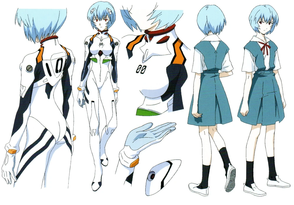 a character design sheet of rei ayanami from the anime neon genesis evangelion. on the left side of the sheet are two versions of rei in her pilot suit. one version is a fullbody shot of rei in the pilot suit, the other shows a side profile of rei's legs and back. on the right side of the sheet are two versions of rei in her school uniform, showing the front and the back of the outfit. there is also a closeup drawing of the collar and upper chest area of the pilot suit. lastly, there is a drawing of a hand from the pilot suit and the left leg of the pilot suit.